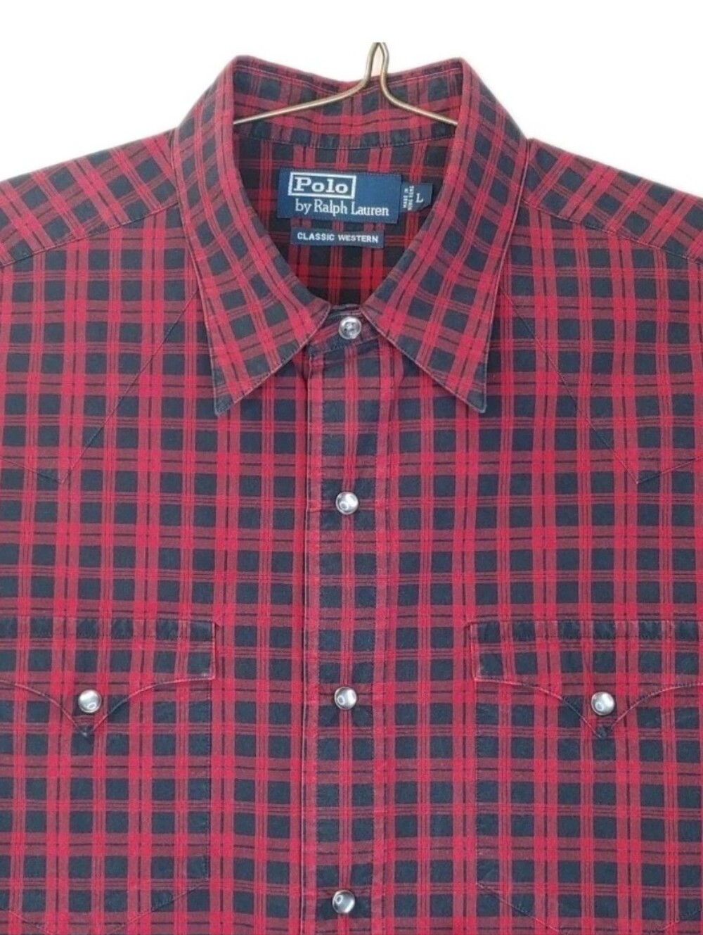Vtg 80s Polo Ralph Lauren Western Pearl Snap Shirt Red Black Plaid Men Large L/S
